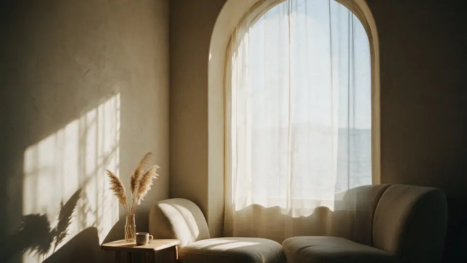 Sunlit room with an arched window, sheer curtains and soft armchairs